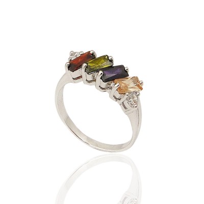 STERLING SILVER RING MULTICOLOR BAGUETTE RING WITH 2 CLEAR CUBIC ZIRCONIA