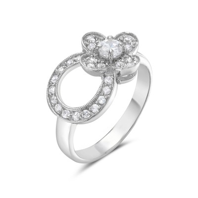 Sterling Silver Ring Cubic Zirconia Oval with Clear Cubic Zirconia Small Flower
