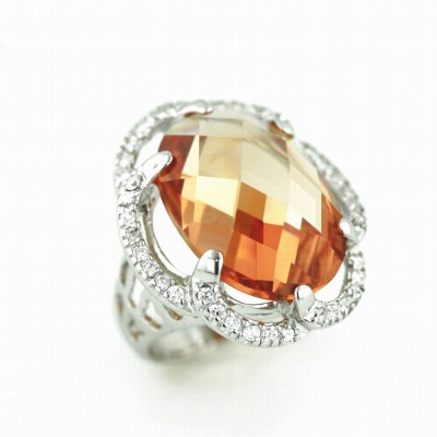 Sterling Silver Ring 22X20mm Chess Cut Oval Champagne Cubic Zirconia with Cubic Zirconia Around