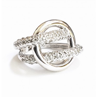 Sterling Silver Ring Pave Clear Cubic Zirconia Lines+Silver Tone Plain Circle - 6
