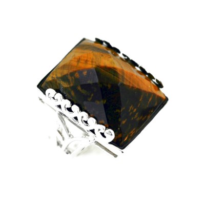 Sterling Silver Ring 24mmx17mm Rectangular Tiger Eye Chess Cut with Open