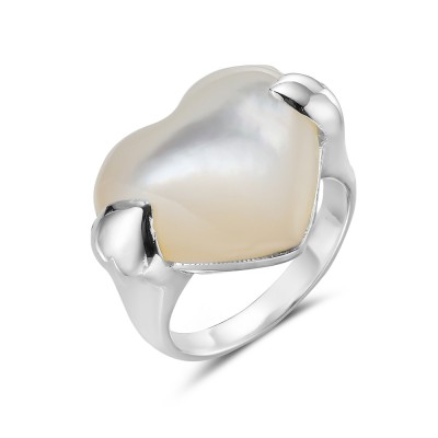 Sterling Silver Ring 19Mm White Mother Of Pearl Heart W/Double Bold Plain H