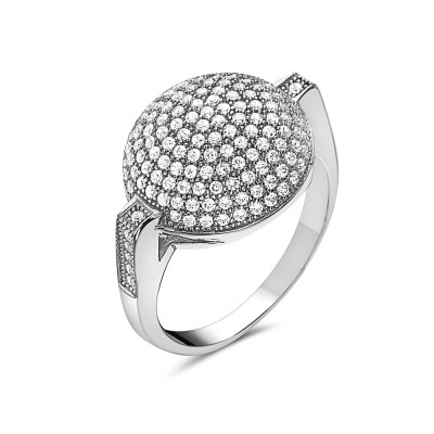 Sterling Silver Ring Micropave Clear Cubic Zirconia Round Dome