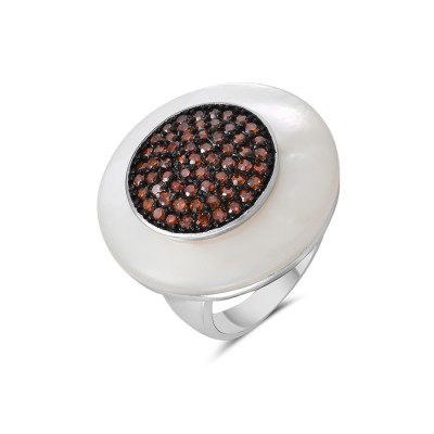 Sterling Silver Ring 25mm Mother of Pearl Round with Garnet Cubic Zirconia Ctr--Black Rhodium Plating/Nickle Free--