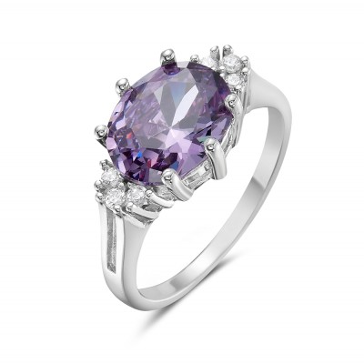 Sterling Silver Ring 8-10mm Oval Faceted Amethyst Cubic Zirconia with Clear Cubic Zirconia on both