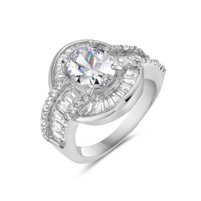 Sterling Silver Ring Oval Baugette Side Bridge Clear Cubic Zirconia 