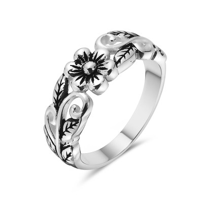 Sterling Silver RING OXIDIZED FLOWER AND LEAVES FILIGREE