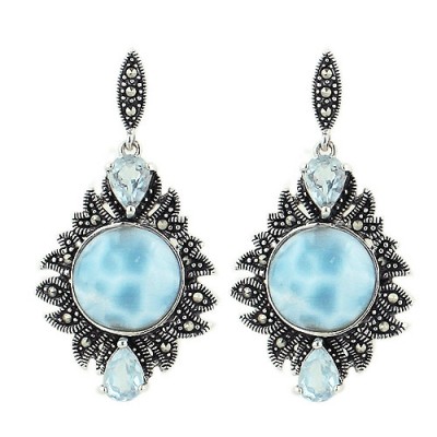 MARCASITE EARRING RHOMBUS ROUND LARIMAR BLUE TOPAZ