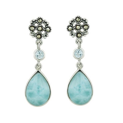 MARCASITE EARRING TEAR DROP DANGLING LARIMAR BLUE TOPAZ