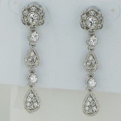 Brass Earring Clear Cz Flower+Bezel+Teardrop, Clear
