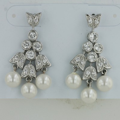 Brass Earg Clear Cz Bezel+Tulip+White Faux Pearl, Multicolor