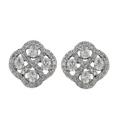 Brass Stud Earring With 4 Oval Clear Cz With Clear, Clear