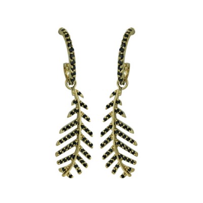 Brass Earring Leaf W/ Gold Color Plating Black Cz, Multicolor