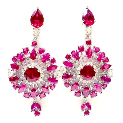 SS Earring Dangle Snowflake Ruby #5 +Clear Cz, Multicolor