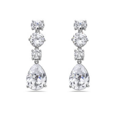 Brass Earring 8mm+9mm+6mm Clear Cubic Zirconia Round+16mm Tear Drop