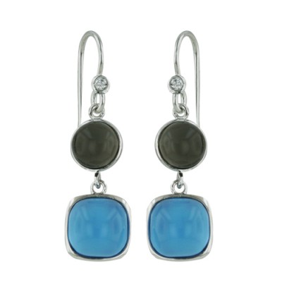 Brass Earring Rd Smoky+Sq Aqua Glass Dangle