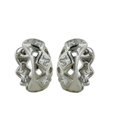 Brass Earring Huggie W/ Diamond Patterns+Cl Cz