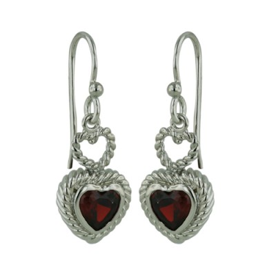 Brass Earring Garnet Heart On Rope Pattern