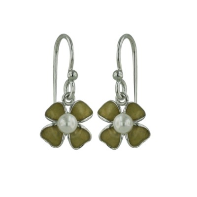 Brass Earring Cream Epoxy Flower W/ Pearl