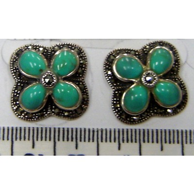 Marcasite Earring Button Flower 4 Petals Faux Turquoise