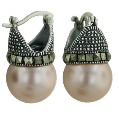 Marcasite Earring Square Marcasite Hoop with Synthetic Pink Pearl 13 mm