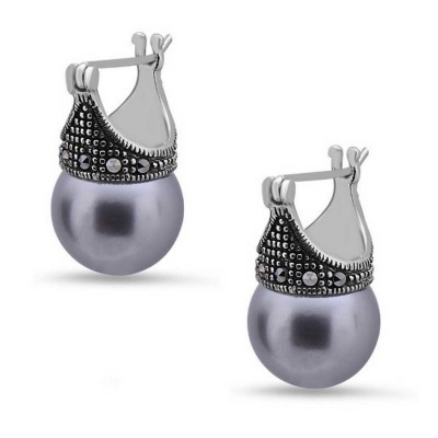 Marcasite Earring Latch Gray Pearl (#K-65) 12mm Marcasite Around