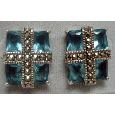 Marcasite Earring Cross with 4 Pcs Blue Topaz Crystl