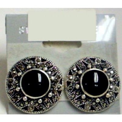 Marcasite Earring Round Inlaid Onyx with Marcasite Border