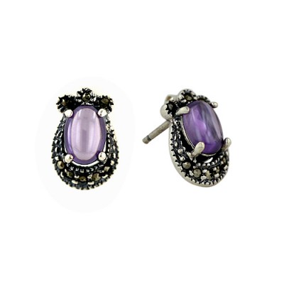 Marcasite Earring Stud Oval Amethyst Cubic Zirconia