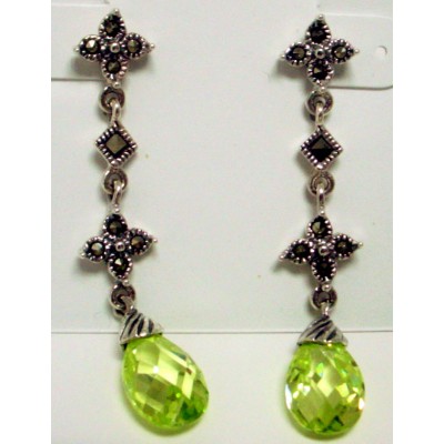 Marcasite Earring Long Dangling with Tear Drop Lght Green Cubic Zirconia Briole