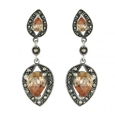 Marcasite Earring 16X12mm+10X8mm Champagne Cubic Zirconia Tear Drop with Pave Marcasite Oute