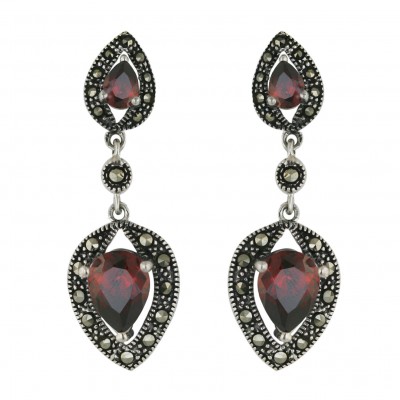 Marcasite Earring 16X12mm+10X8mm Garnet Cubic Zirconia Tear Drop with Pave Marcasite Oute