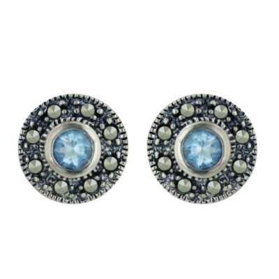 Marcasite Earring Stud Circle 4mm Blue Topaz Glass