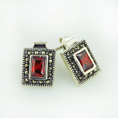 Marcasite Earring Rectangular Grnt Cubic Zirconia Princess Cut Post