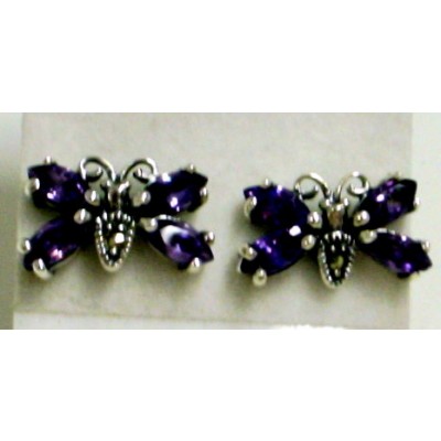 Marcasite Earring Butterfly Post with 4 Marquis Amethyst Cubic Zirconia