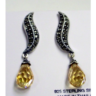 Marcasite Earring Wavy Z Top [Post] with Champagne Cubic Zirconia Drop