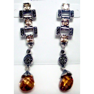 Marcasite Earring 3 Pcs Champagne Princess Cubic Zirconia with Champagne Briolette Cubic Zirconia