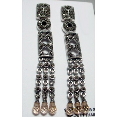 Marcasite Earring Aztec with 3 Teardrop Briolette Champagne Cubic Zirconia
