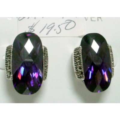 Marcasite Earring Oval Chess Cut Amethyst Cubic Zirconia with Marcasite Sides Post