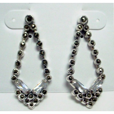 Marcasite Earring Rhombus Shpd Drop with 2 Pcs Clear Cubic Zirconia Baguette
