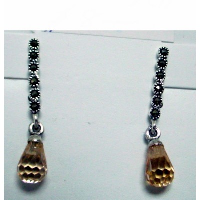 Marcasite Earring Single Stick with Champagne Cubic Zirconia Briolette Teardrop