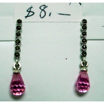 Marcasite Earring Single Stick with Pink Cubic Zirconia Briolette Teardrop