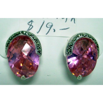 Marcasite Earring Chess Cut Oval Pnk Cubic Zirconia with Marcasite Around 1/2
