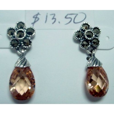 Marcasite Earring Flower Top with Flat Chess Cut Teardrop Champagne C