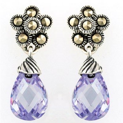Marcasite Earring Flower Top with Flat Chess Cut Teardrop Lvnd