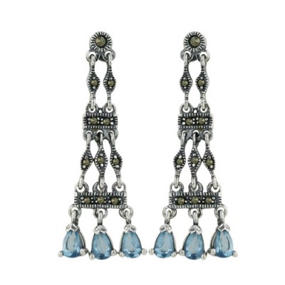 Marcasite Earring Marquis+Rectangular. Z with 3 Teardrop Blue Topaz Glass