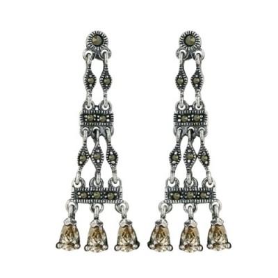 Marcasite Earring Marquis+Rectangular. Z with 3 Teardrop Champagne Cubic Zirconia