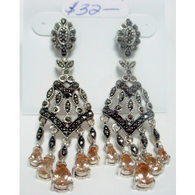 Marcasite Earring Chandelier with 5 Champagne Cubic Zirconia Teardrops