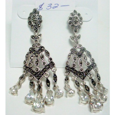 Marcasite Earring Chandelier with 5 Clear Cubic Zirconia Teardrops
