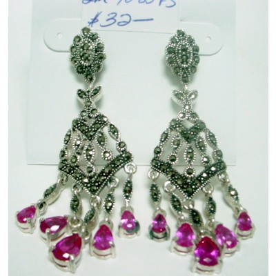 Marcasite Earring Chandelier with 5 Fushia Pink Teardrops